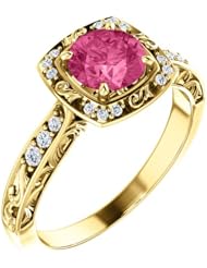 10K Yellow Gold 6.00mm Round Cut Chatham Created Pink Sapphire and Diamond Ring -- LIFETIME WARRANTY