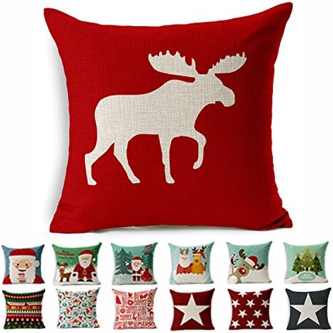 Cotton Linen Square Shams Decorative Throw Christmas Pillow Cover Cushion Case(Deer Pattern)Set of 1 with Hidden Zipper for Sofa Couch Bed and Chair Fit 18x18 Inserts
