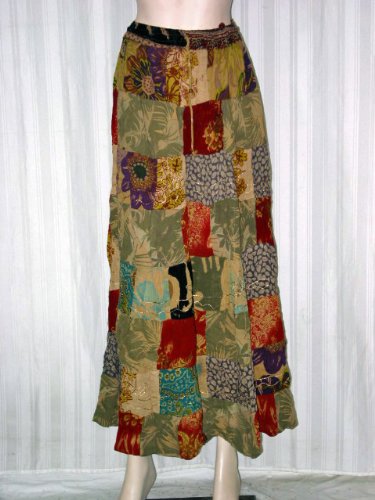 Gift for Ladies - Sea Green with Multi Color Printed Patch Wrap Girls Comfortable Hippie Skirts From India Free Shipping