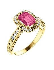 18K Yellow Gold 7.00x5.00mm Emerald Cut Pink Tourmaline and Diamond Ring -- LIFETIME WARRANTY
