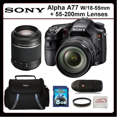 Sony Alpha A77 Kit Includes: Sony Alpha A77 Digital Camera with 18-55mm and 55-200mm Lens, 8GB SDHC Memory Card, Memory Card Reader, UV Filter, SSE Microfiber Cleaning Cloth and Soft Carrying Case