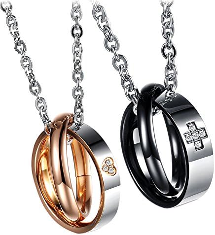 His & Hers Matching Set 316L Stainless Steel Promises Rings Pendanat Necklace One Pair