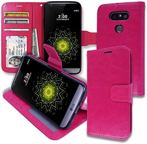 LG G5 [ Wallet ] Case, LG G5 Soft Leather Flip Diary Cover with [ Foldable Stand ] Pockets for ID, Credit Cards, Cash, Kickstand Features (Hot Pink)
