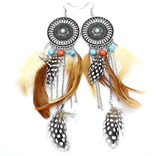 Q&Q Fashion Western Cowgirl Vintage Big Dream Catcher Feather Coral Turquoise Bead Navajo Zuni Earrings