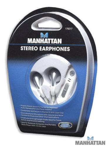 51Ym30waHCL Lightweight Stereo Earphones, with Microphone, Volume & Mute Control, White, Manhattan 176217
