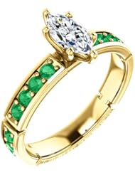 18K Yellow Gold Marquise Cut Diamond and Emerald Ring -- LIFETIME WARRANTY