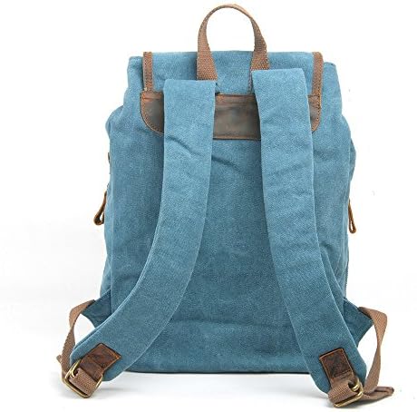 Samic® Handmade Vintage Style Rucksack / Genuine Leather Canvas Backpack / Classic Satchel School Bag / Big Capacity Travel Bag (Blue)