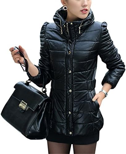oppicong Women's Faux Leather Stand Collar Slim Fit Down Jacket BlackMedium
