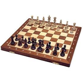 19" Tournament chess set. Folding inlaid board & Staunton pieces