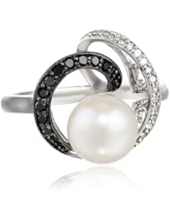14K White Gold 8 - 8.5mm Freshwater Cultured Pearl and Black and White (0.14 cttw, G-H Color, I1-I2 Clarity) Diamond Ring