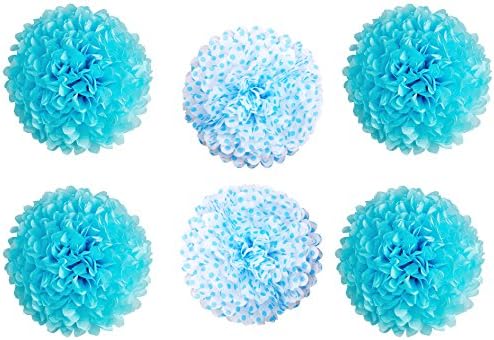 HIART Pom Pom Tissue Flower, 14-Inch, Blue, Set of 6