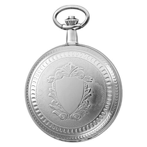 Gotham Men's Silver-Tone Coin Edged 17 Jewel Mechanical Skeleton Double Covered Exhibition Pocket Watch With Chain and Desktop Stand # GWC14051S-ST
