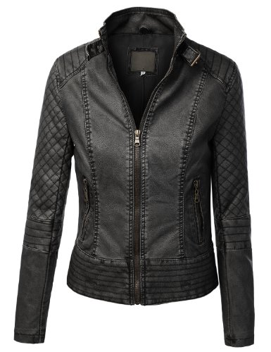 MBJ Womens Faux Leather Zip Up Moto Biker Jacket With Stitching Detail