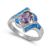 Rhodium Plated Sterling Silver Wedding & Engagement Ring Amethyst, Blue Opal Ladies Ring 16MM ( Size 5 to 10)