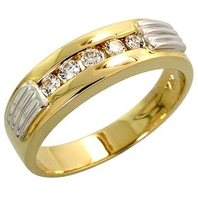 14k Two-tone Gold Grooved Ladies' Diamond Band, w/ 0.18 Carat Brilliant Cut Diamonds, 3/16" (5mm) wide