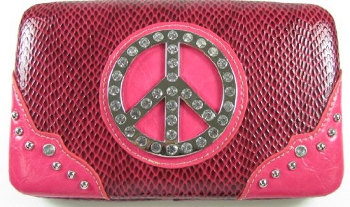 Ladies Hot Pink Croc and Faux Leather with Rhinestones and Studs Fleur De Lis Flat Clutch Wallet