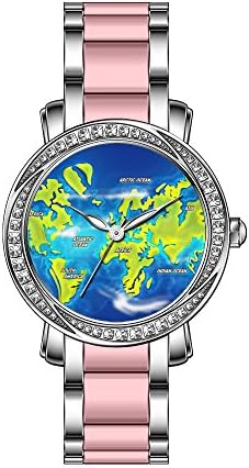 KSD Women's Luxury Unique Zirconia Bezel Stainless Steel/Pink Ceramic Quartz Wrist Watch Flooded Earth Map Wristwatches