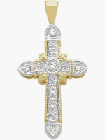 10 Karat Two-Tone Gold 5 Diamond Small Religious Cross with chain