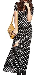 V-neck Polyester Empire   Waistline Floor Length Pleated Slit Fitted Polka Dot Print Summer Short Sleeves  Dress