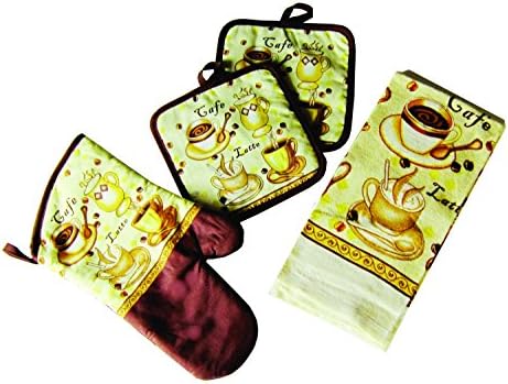 Kitchen Linens Collection Top Quality Quilted Cotton Pot Holder and Oven Mitt Set With Bonus Kitchen Towel, Assorted Kitchen Themes and Colors, 4 Piece Set (Coffee - Brown Beige)