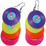 Plastic Record Charms Earrings In Multi with Silver Finish