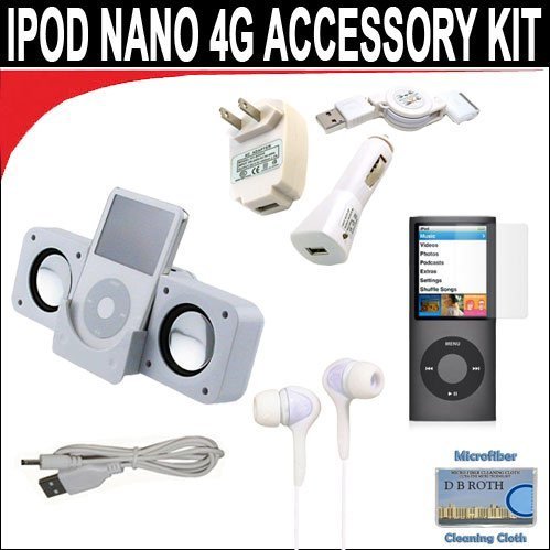 8 pc. Accessory kit for iPod Nano 4G. Includes White portable stereo speaker w/cable 3-in-1 iPod charging kit (1000mAH) White Mini soft Earbuds Reusable Pre-Cut Screen Protector and a DBROTH Microfiber Cleaning Cloth