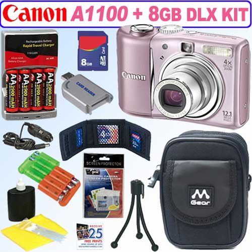 Canon Powershot A1100IS 12.1MP Digital Camera (Pink) + 8GB Deluxe Kit