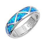 Rhodium Plated Sterling Silver Wedding & Engagement Ring Blue Opal Marriage Band 6MM ( Size 6 to 10)