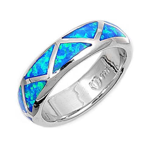 Rhodium Plated Sterling Silver Wedding & Engagement Ring Blue Opal Marriage Band 6MM ( Size 6 to 10)