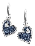Sterling Silver Denim Dangling Heart 0.01 ct Diamond Earrings