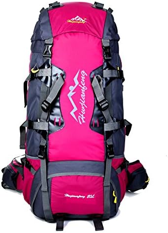 Azaker large 80L Internal Frame Hiking Backpack Water-resistant Nylon Trekking Bag for Climbing, Camping, Hiking, Travel and Mountaineering with Orange Rain Cover (Violet)