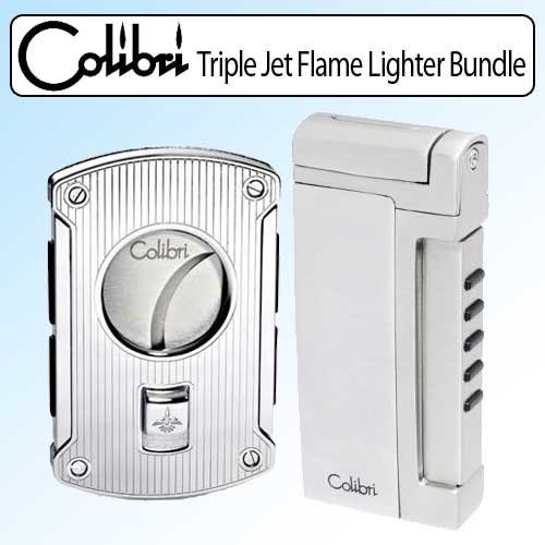 Colibri QTR496002 Trilign Triple Jet Flame Cigarette Lighter Bundle With Cigar Cutter Slyce 64 Gauge Spring Loaded Chrome