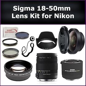 Sigma 18-50mm f/2.8-4.5 DC OS HSM Zoom Lens Kit For Nikon D-SLRs. Includes: Sigma 18-50mm Lens, Sigma 2x EX DG APO Teleconverter, 0.45X Wide Angle Lens, 2X Telephoto Lens, Lens Cap, Lens Hood, Lens Cap Keeper, 3 Piece Filter Kit (UV-FLD-CPL) and Microfiber Cleaning Cloth