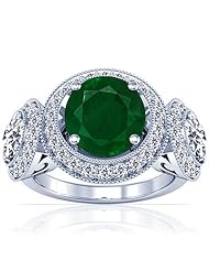14K White Gold Round Cut Emerald Ring With Sidestones