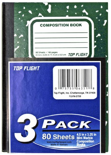 Top Flight Glued Mini-Marble Composition Book, Narrow Rule, 4.5 x 3.25 Inches, 80 Sheets, Shrink-Wrapped with Insert, 3-Pack, Blue/Black/Green (06351)