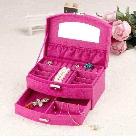Jewelry Storage Box,VC Mall Rose Red Two-Layer Lint Necklace Cabinet Organizer Mirror Case with Drawer