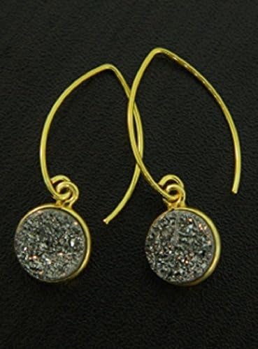 Sosie Vermeil Gold Marquis Round Bezel Druzy Earrings Over Sterling Silver - Grey