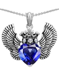 Genuine TRUE LOVE (tm) 925 Sterling Silver Created Sapphire Heart With Crown and Angel Wings Pendant