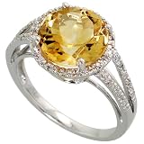 14k White Gold Ring, w/ 0.10 Carat Brilliant Cut Diamonds and 3.30 Carats 10mm Brilliant Cut Citrine Stone, 7/16 in. (12mm) wide