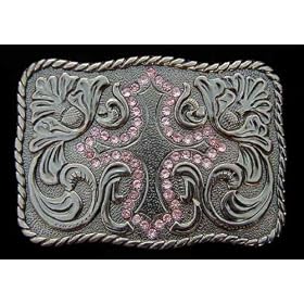 Buy Western Style Acorn Scroll With Pink Crystal Cross Antique Copper Finish Belt Buckle by crosses