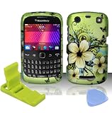 Green White Hawaiian Flower Butterfly Rubberized Snap on Hard Shell Cover Protector Faceplate Cell Phone Case for Blackberry Curve 9350 9360 9370 + LCD Screen Guard Film + Mini Adjustable Phone Holder Stand + Prying Tool