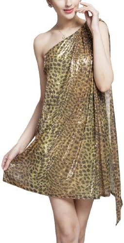 B-FY Womens Shinny Sequin One Shoulder Short Party Prom Dress Leopard Print 8 US