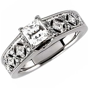 14K White Gold Vintage Style Diamond Engagement Ring (Center stone is not included)