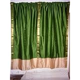 2DarkgreenBeigeBorderArtsilkCurtainsDrapesPanelsRodPocket83x44Inch