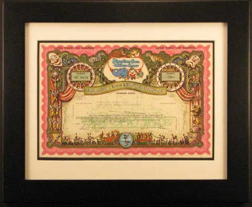 Framed Ringling Bros Barnum Bailey Stock Certificate
