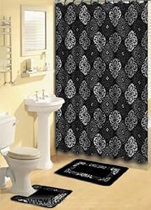 BLACK AND GREY FABRIC SHOWER CURTAIN, FABRIC COVERED RINGS, AREA RUG & CONTOUR RUG SET - 1574-480