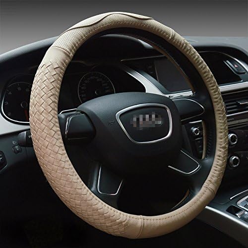 Hand Woven Genuine Leather Car Styling Steering Wheel Covers All Season Universal Stitch On Wrap Cover Fits for Truck,Suv,Cars (Beige)
