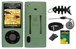 Green Silicone Case Skin cover + LCD Screen Protector + Belt Clip + Adjustable Armband + Lanyard + Fishbone Keychain for Apple iPod Nano 5th Generation 5G, 8GB,16GB Series Bundle Kit Set