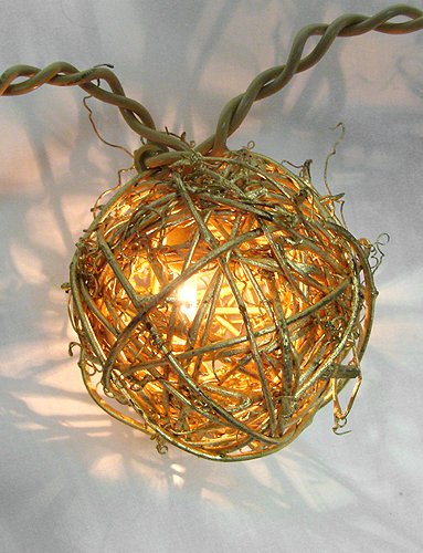 Set of 10 Gold Rattan Ball Shape Clear Christmas Lights - Brown Wire