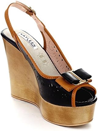 Kayleen LLKA-3 Women's Ankle Strap Slingback Two-Tone Wedge Sandals, Color:BLACK/CAMEL, Size:10
